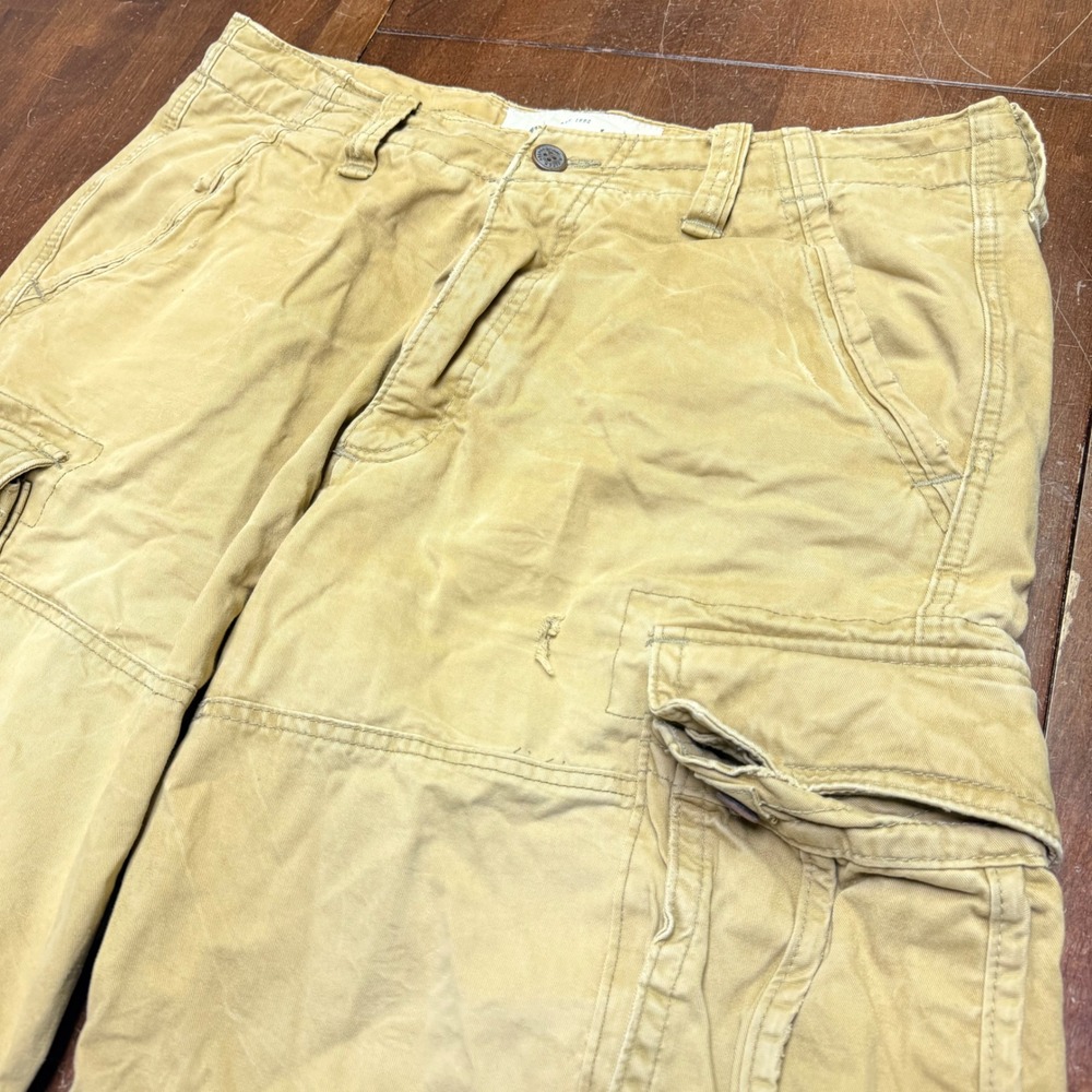 Abercrombie Fitch distressed Cargo Shorts Mens 36/38 Tan Button Fly Utility VTG - Picture 2 of 11